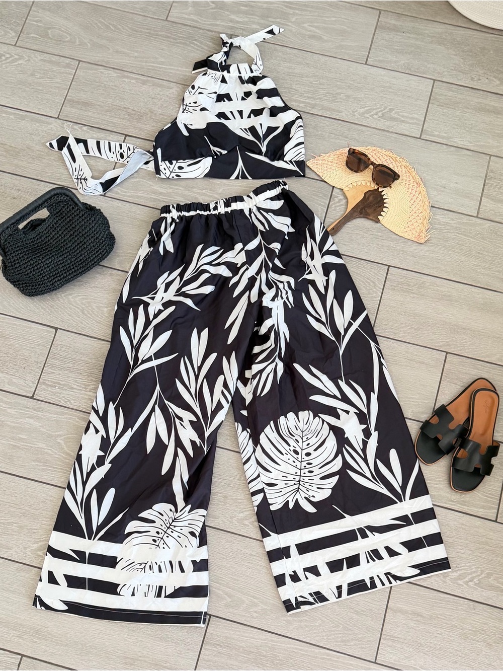 Black & White Floral Wide-Leg Pants - Women's Jumpsuit Set
